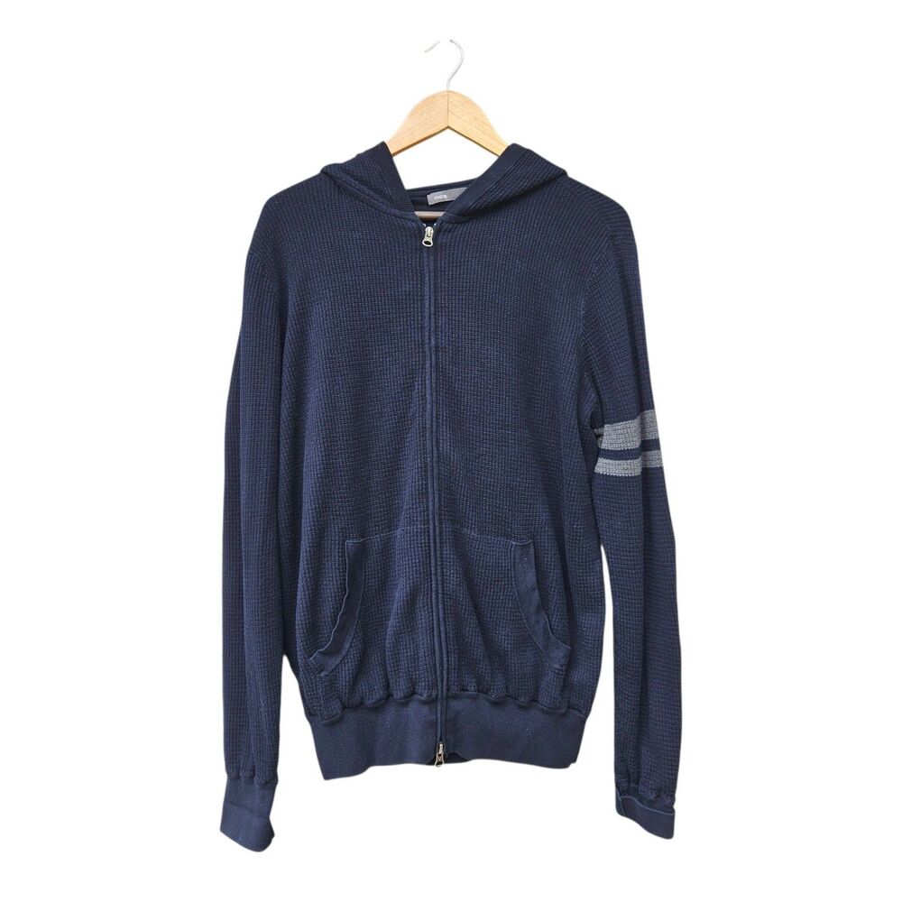 Vince Men's XL Blue Waffle Thermal Knit Hoodie Full Zip Split Kangaroo Pocket